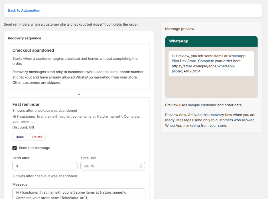 Abandoned cart recovery sequence builder with message preview