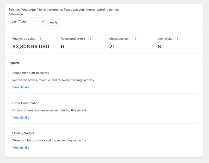 Analytics overview in WhatsApp Pilot with reports for order confirmation and the widget