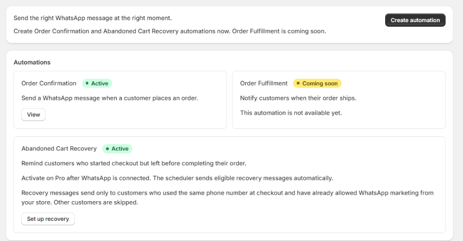 Automation hub in WhatsApp Pilot showing Order Confirmation active