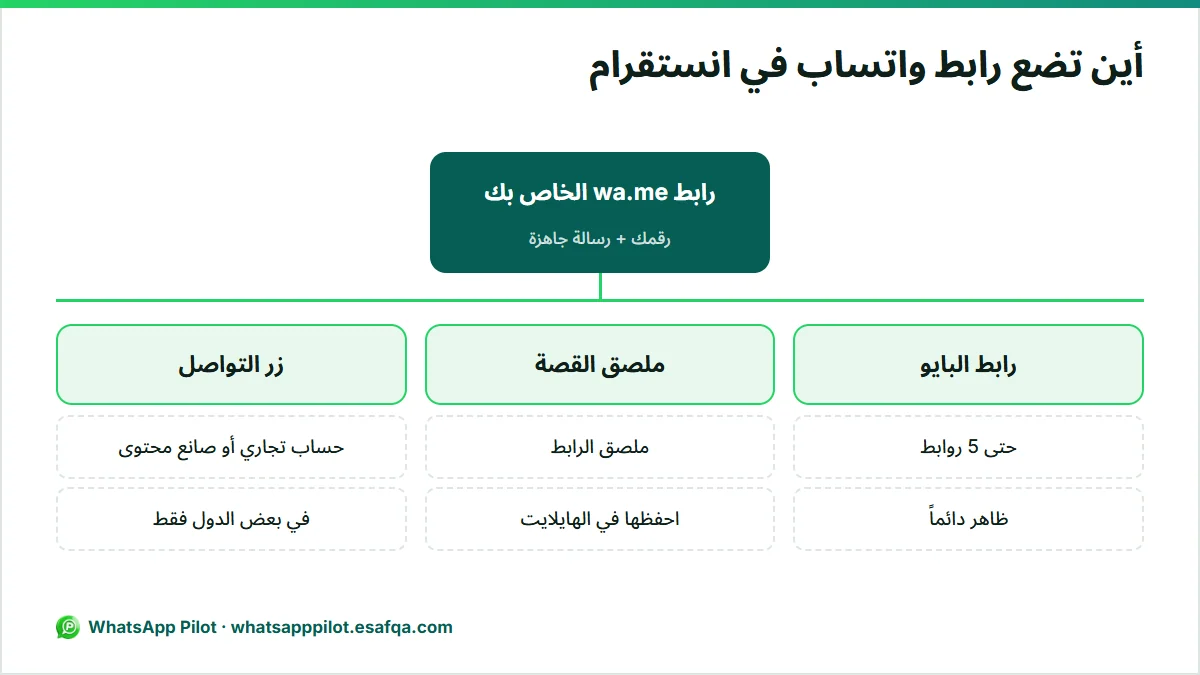 رسم يوضح أين يوضع رابط wa.me في انستقرام: روابط البايو، وملصق الرابط في القصة المحفوظة في الهايلايت، وزر التواصل.