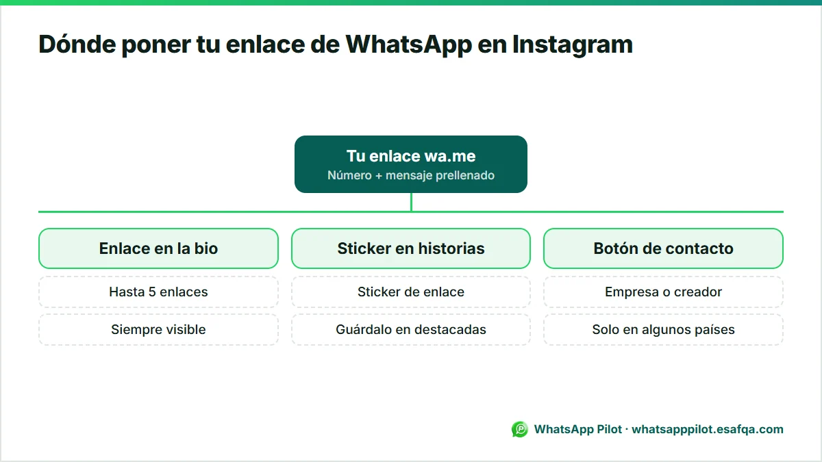 Diagrama de dónde va un enlace wa.me en Instagram: los enlaces de la bio, un sticker de enlace en historias guardado en destacadas y el botón de contacto.