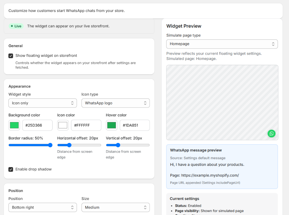 Paramètres du widget flottant de WhatsApp Pilot avec aperçu en direct dans Shopify Admin