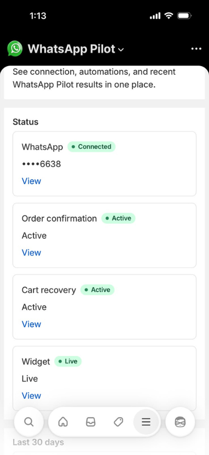 Écran d'accueil de WhatsApp Pilot sur mobile indiquant WhatsApp connecté et les automatisations actives