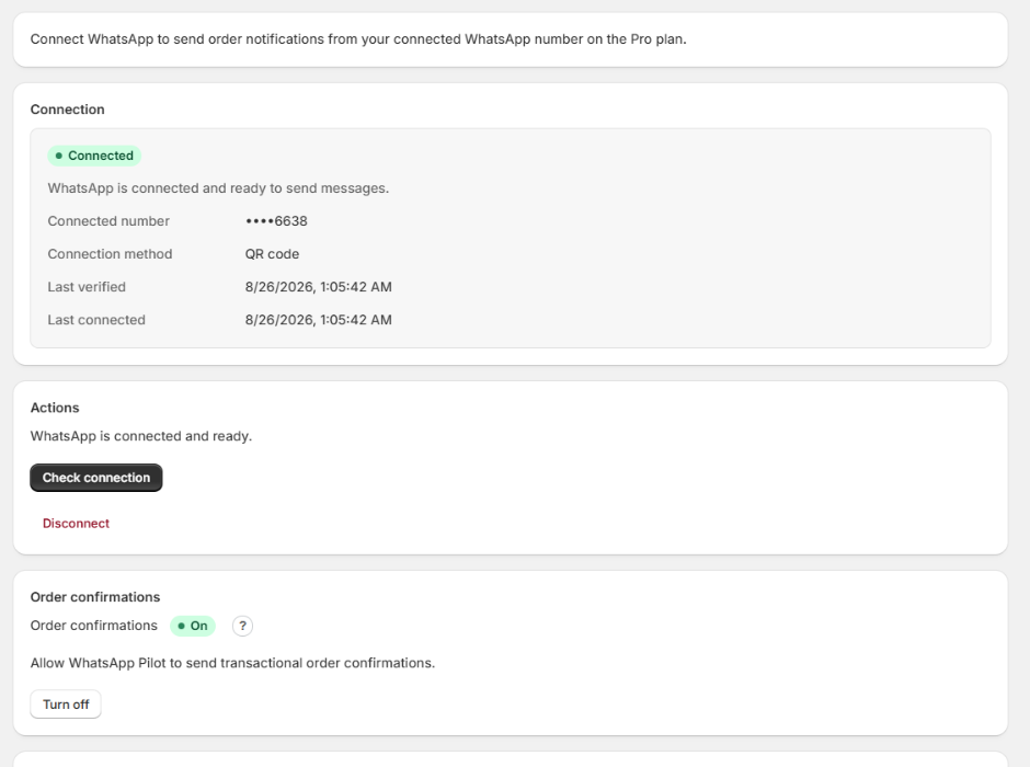 WhatsApp connection page with order confirmations switched on