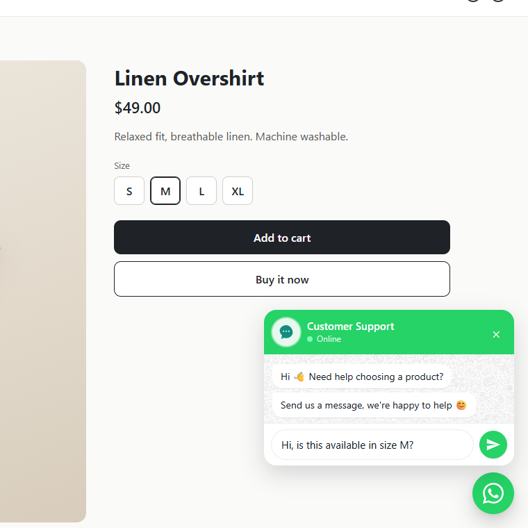 Widget in stile chat di WhatsApp Pilot aperto su una pagina prodotto Shopify, con la domanda di un cliente scritta nella casella del messaggio